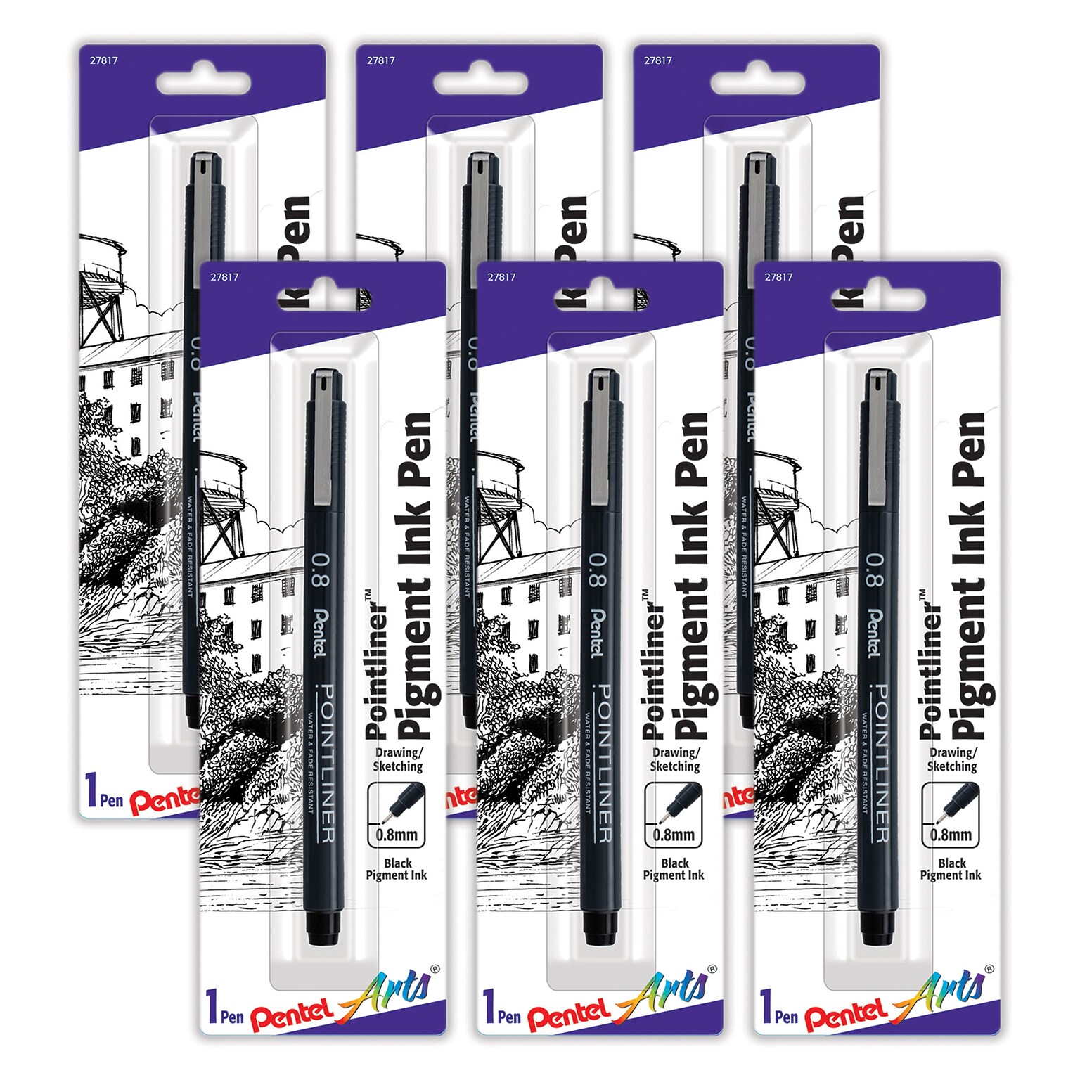 Pentel Arts Pointliner Pen, Black Pigment Ink, 6/Pack (PTAS20P8BPA-6)