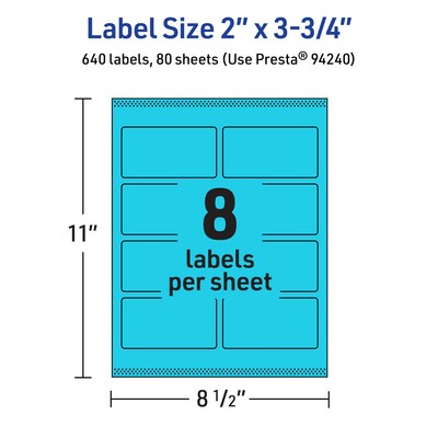 Avery Printable Rectangle Multipurpose Labels, 2" x 3.75", Bright Blue, 640/Box (94240)