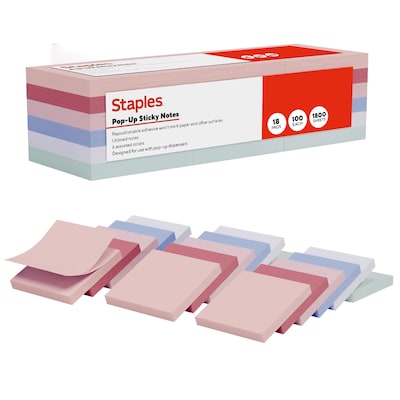 Staples Pop-up Sticky Notes, 3 x 3, Ocean Mist Collection, 100 Sheets/Pad, 18 Pads/Pack (ST62873V-CC)