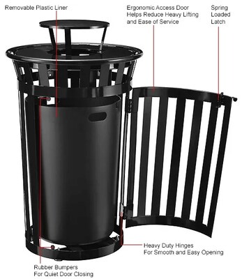 Global Industrial Outdoor Slatted Steel Trash Can w/ Access Door & Rain Bonnet Lid, 36 Gallon, Black (261941BK)