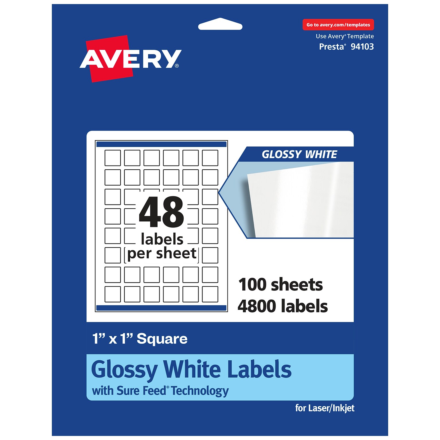 Avery Laser/Inkjet Square Multipurpose Labels, 1  x 1, Glossy White, 4800/Box (94103)