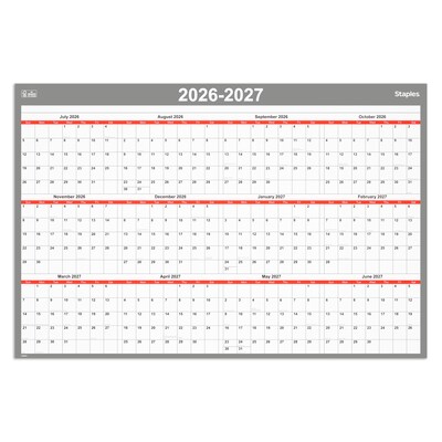 2026-2027 Staples 32 x 48 Academic Yearly Dry Erase Wall Calendar, Reversible, White/Red/Gray (ST54274-27)