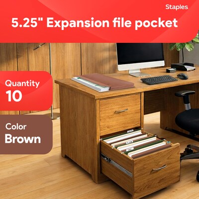 Staples Reinforced File Pocket, 5.25 Expansion, Letter Size, Brown, 10/Box (ST418335)