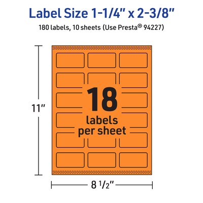 Avery Laser/Inkjet Multipurpose Rectangle Labels, 1-1/4" x 2-3/8", Bright Orange, 180/Pack (94227)