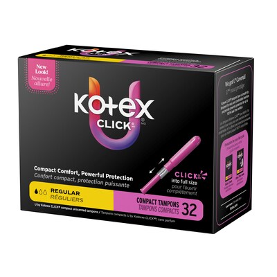 U by Kotex Click Regular Absorbency Compact Tampon, Plastic Applicator, Unscented, 32/Pack (51583)