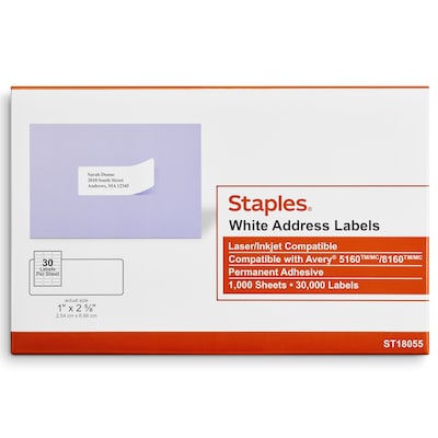 Staples® Laser/Inkjet Address Labels, 1 x 2 5/8, White, 30 Labels/Sheet, 1000 Sheets/Pack, 30,000