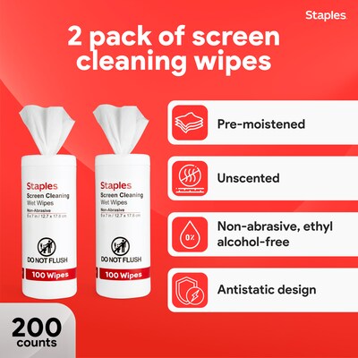 Staples Screen Cleaning Wipes, 100/Tub, 2 /Pack (ST61848)