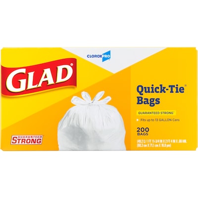 Glad Quick-Tie Tall Kitchen Trash Bags, 13 Gallon, 200/Box (15931)