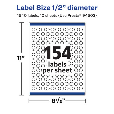 Avery Laser/Inkjet Round Multipurpose Labels, 0.5" Dia., White, 1,540 Labels/Pack (94503)