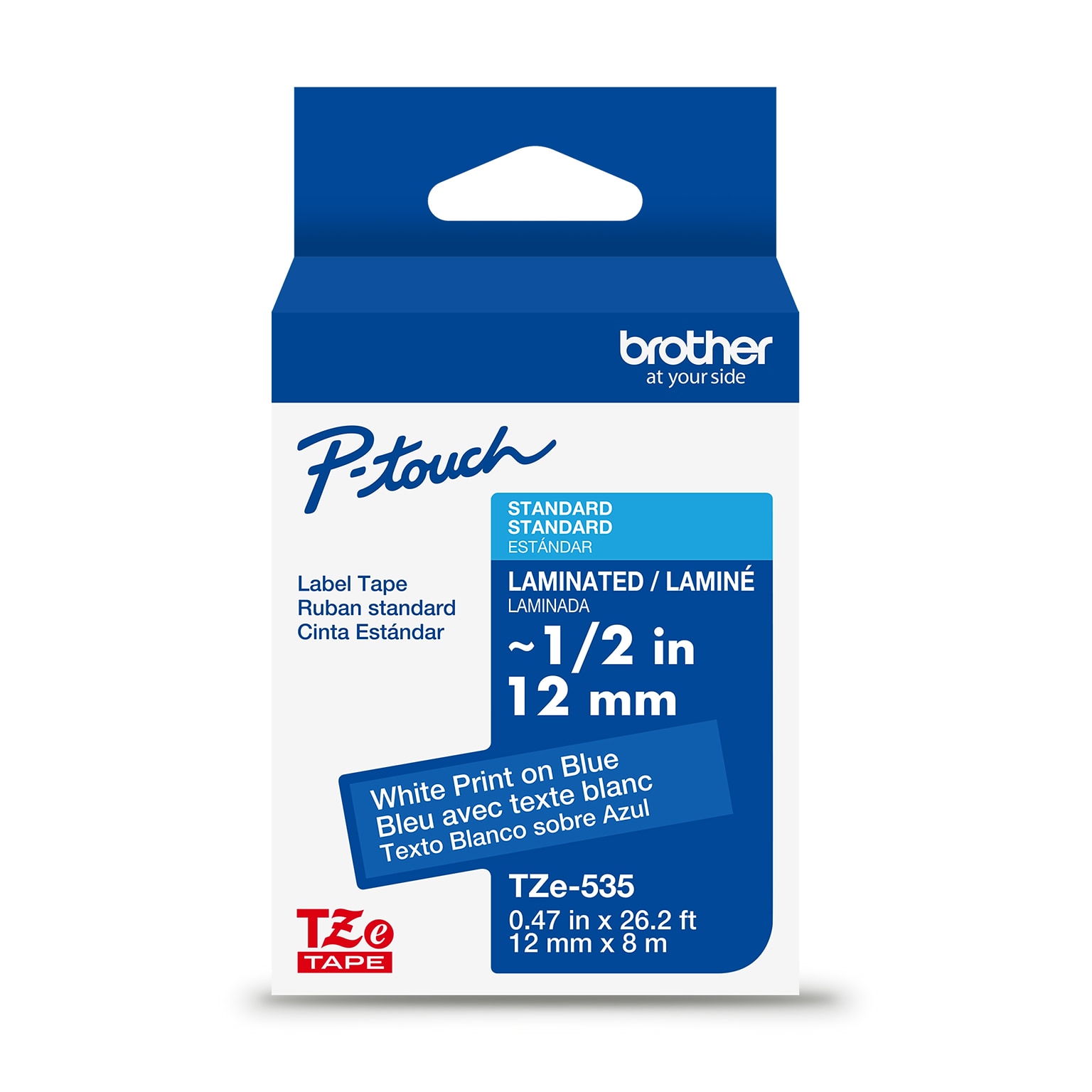 Brother P-touch Laminated Label Tape, 1/2 x 26.2, White on Blue (TZe535)