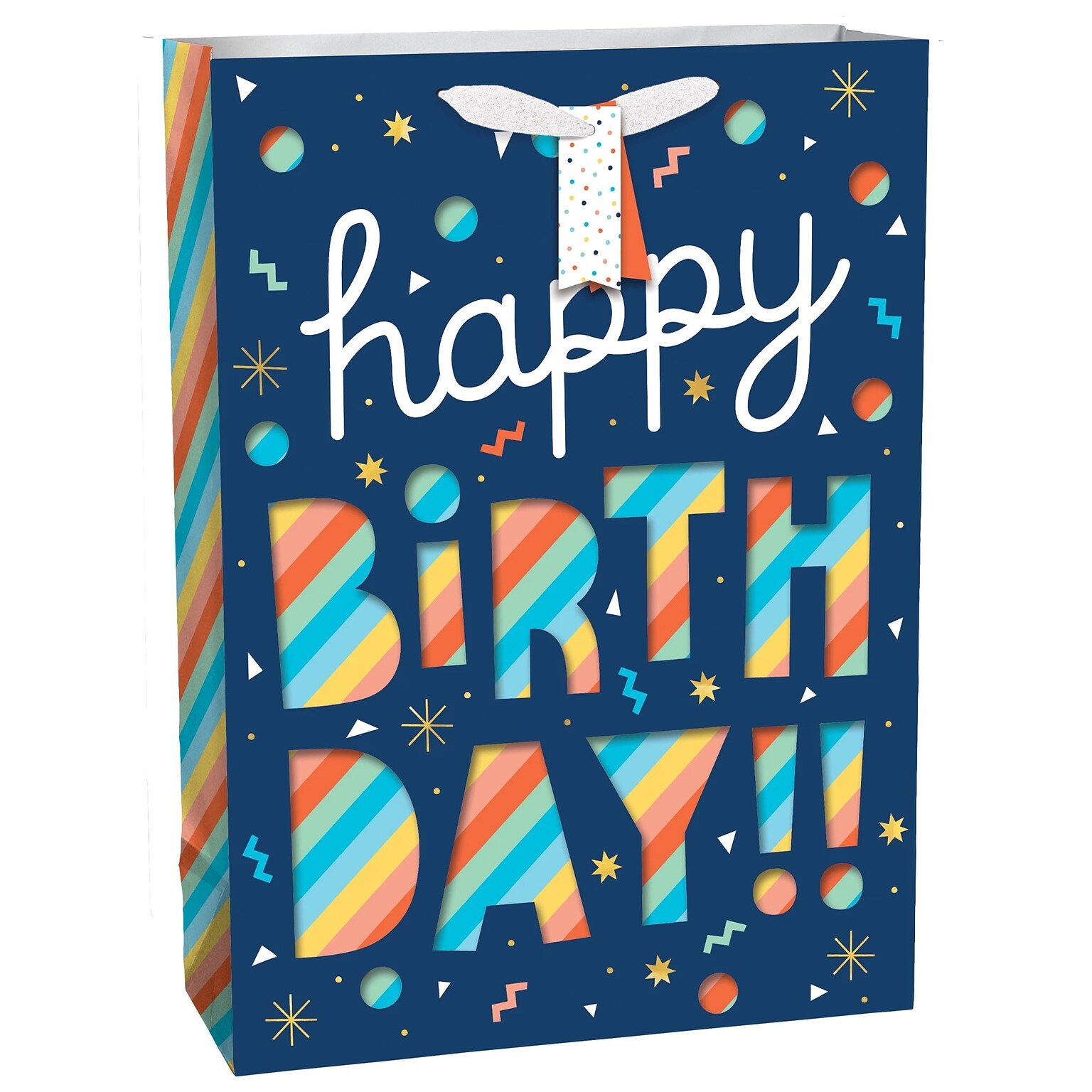 Party City Happy Birthday Rainbow Stripe Cutout Large Gift Bag, Multicolored (AM170807-NS)