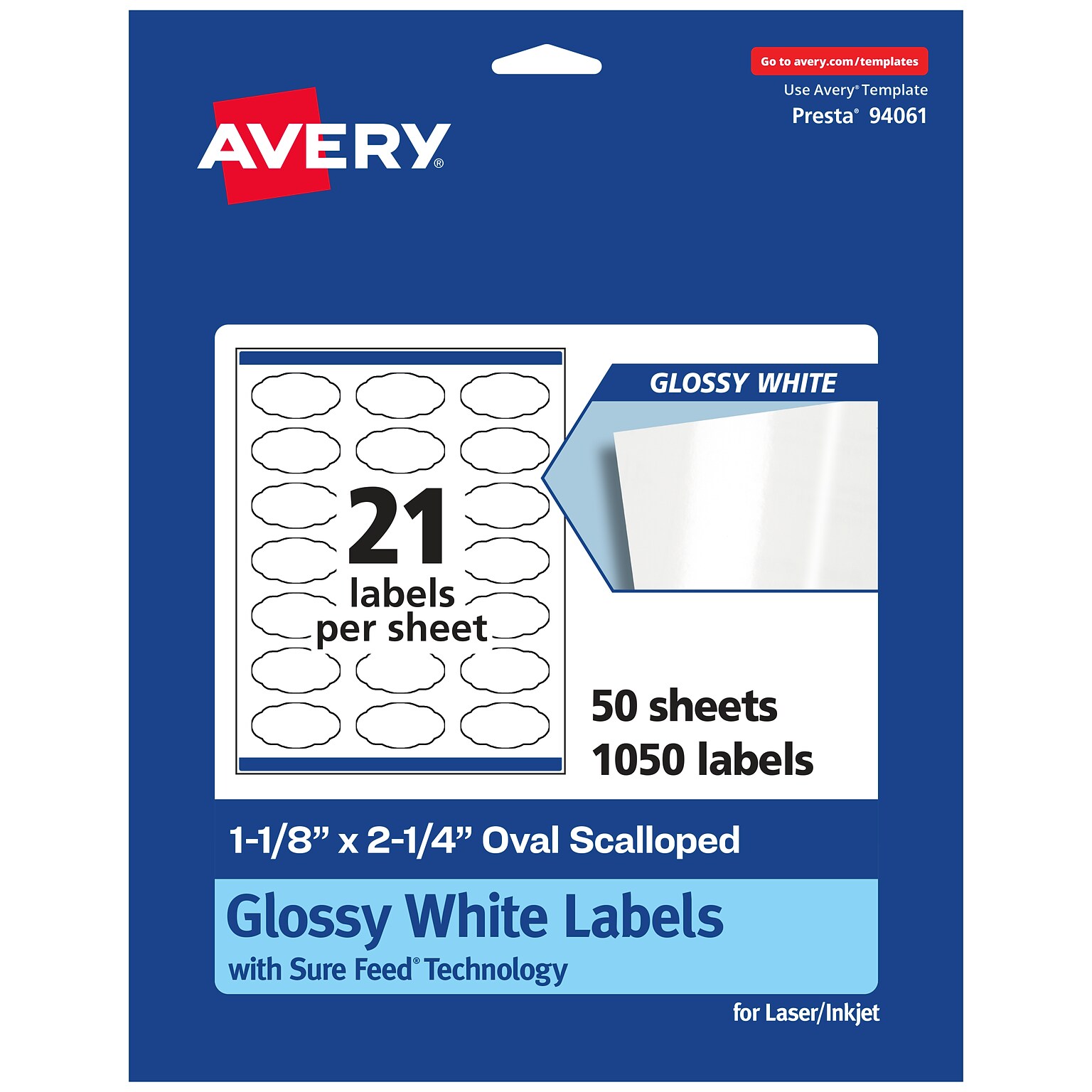Avery Laser/Inkjet Multipurpose Labels, 2.25 x , Glossy White, 1050/Box (94061)