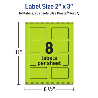 Avery Laser/Inkjet Multipurpose Rectangle Labels, 2" x 3", Bright Green, 160/Pack (94237)