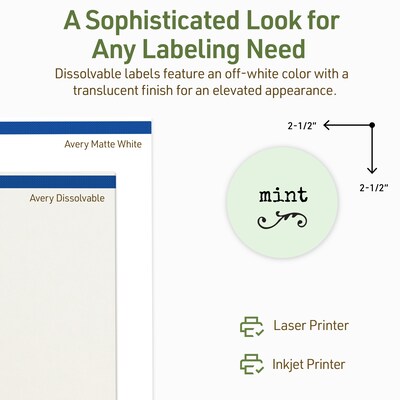 Avery Dissolvable Circle Multipurpose Labels, 2.5" Dia., Off-white, 90/Pack (94502)