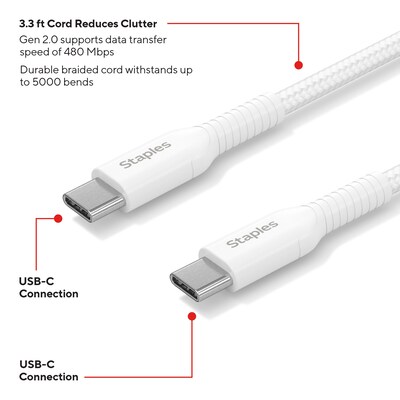 Staples TECH USB-C to USB-C Charging Cable, 3.3 ft., 480 Mbps, White (ST62334)