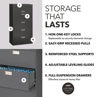 HON® Brigade 600 Series Lateral File Cabinet, A4/Legal/Letter, 5-Drawer, Charcoal, 19 1/4"D (685LS)