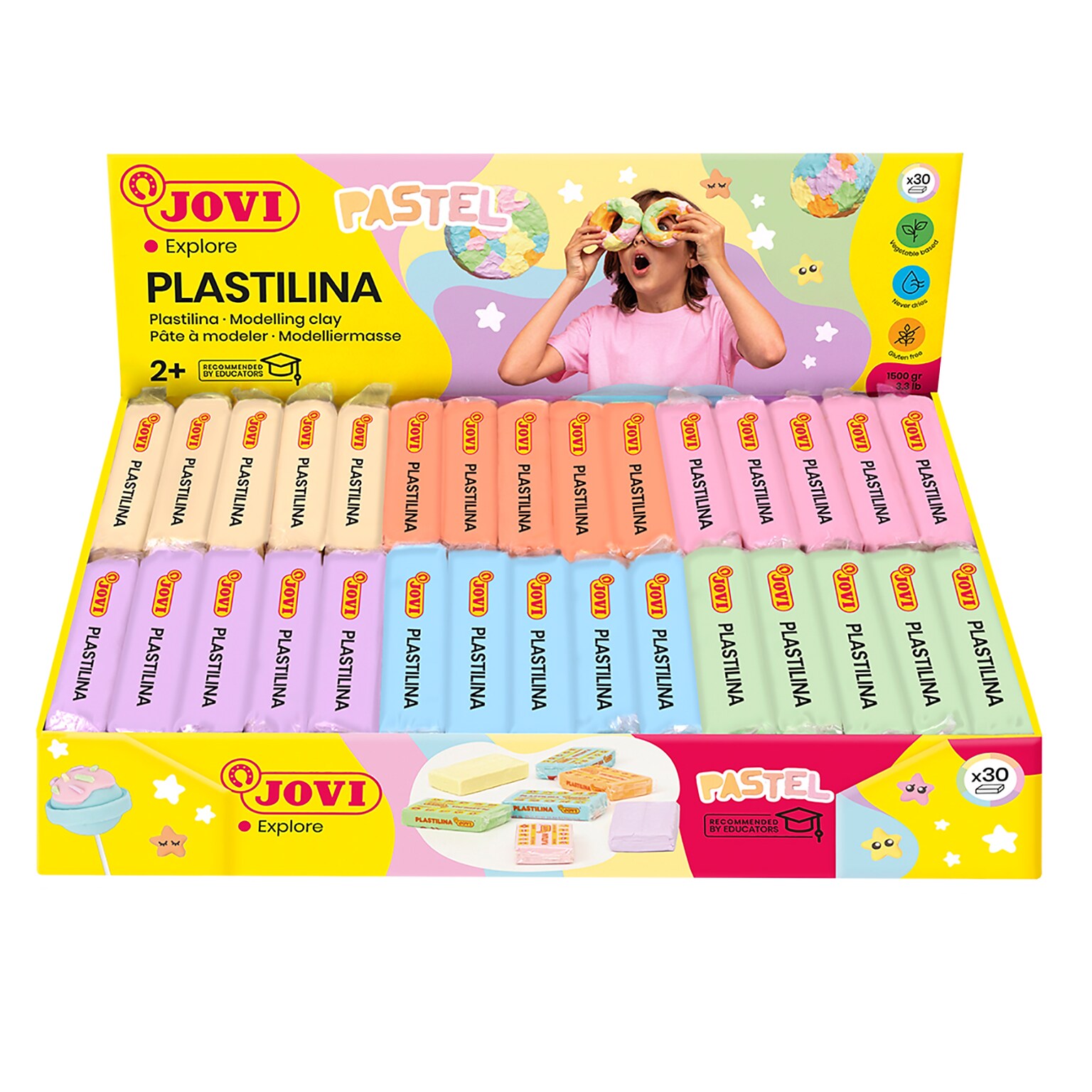 JOVI Plastilina Modeling Clay, Display Box of 30 Bars, Pastel Colors (JOV70P)