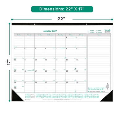 2027 Brownline EcoLogix 22 x 17 Monthly Desk Pad Calendar, White/Green (C177437-27)