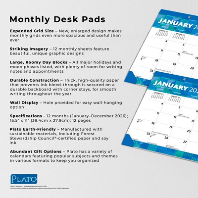 2026 Plato Large Print 15.5" x 11" Monthly Desk Pad Calendar (9798330707089)