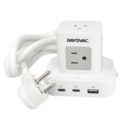 RAYOVAC 5-Outlet 3-USB Port Power Cube Surge Protector with Flat Plug, 5-ft., 540 Joules, White (SS-P927)