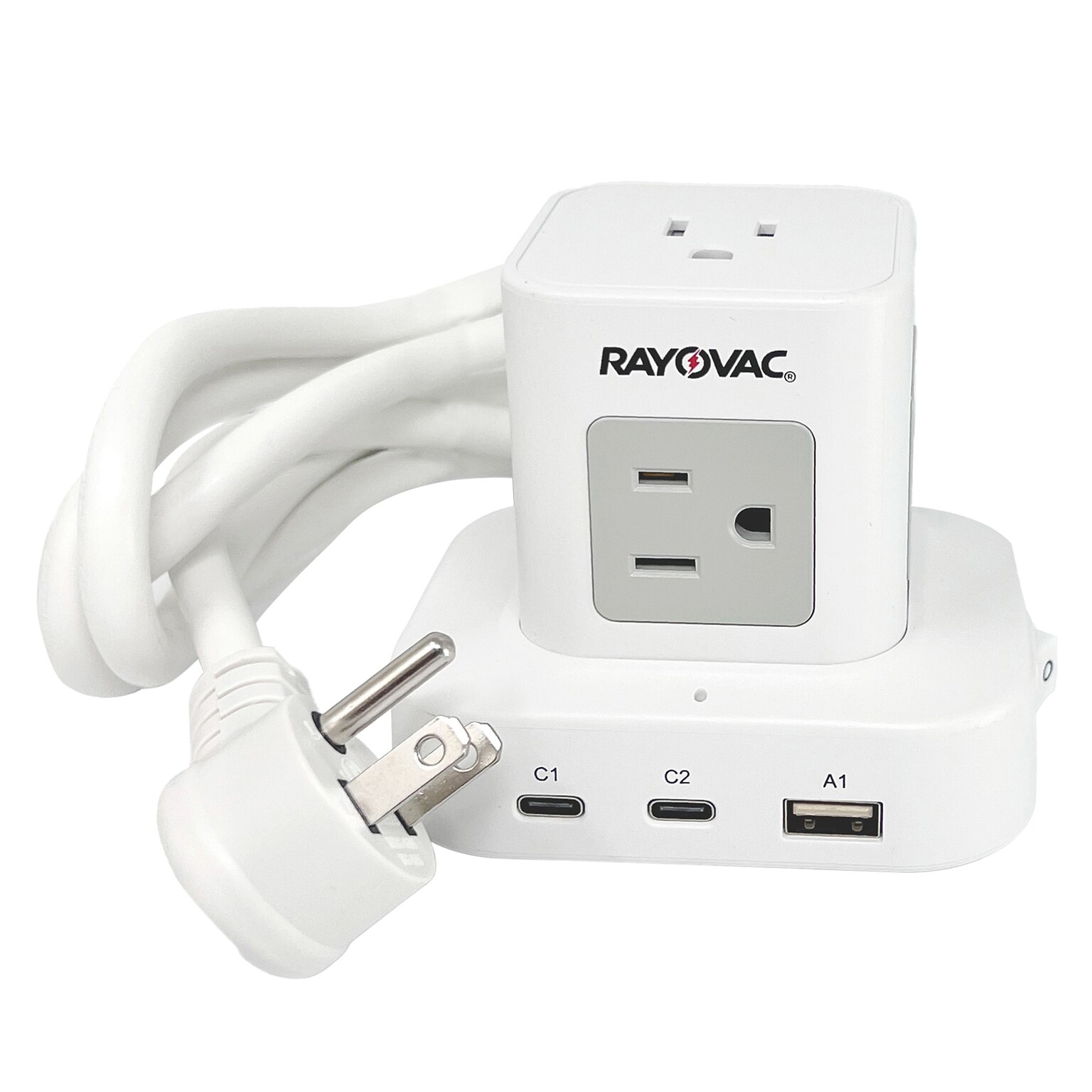 RAYOVAC 5-Outlet 3-USB Port Power Cube Surge Protector with Flat Plug, 5-ft., 540 Joules, White (SS-P927)