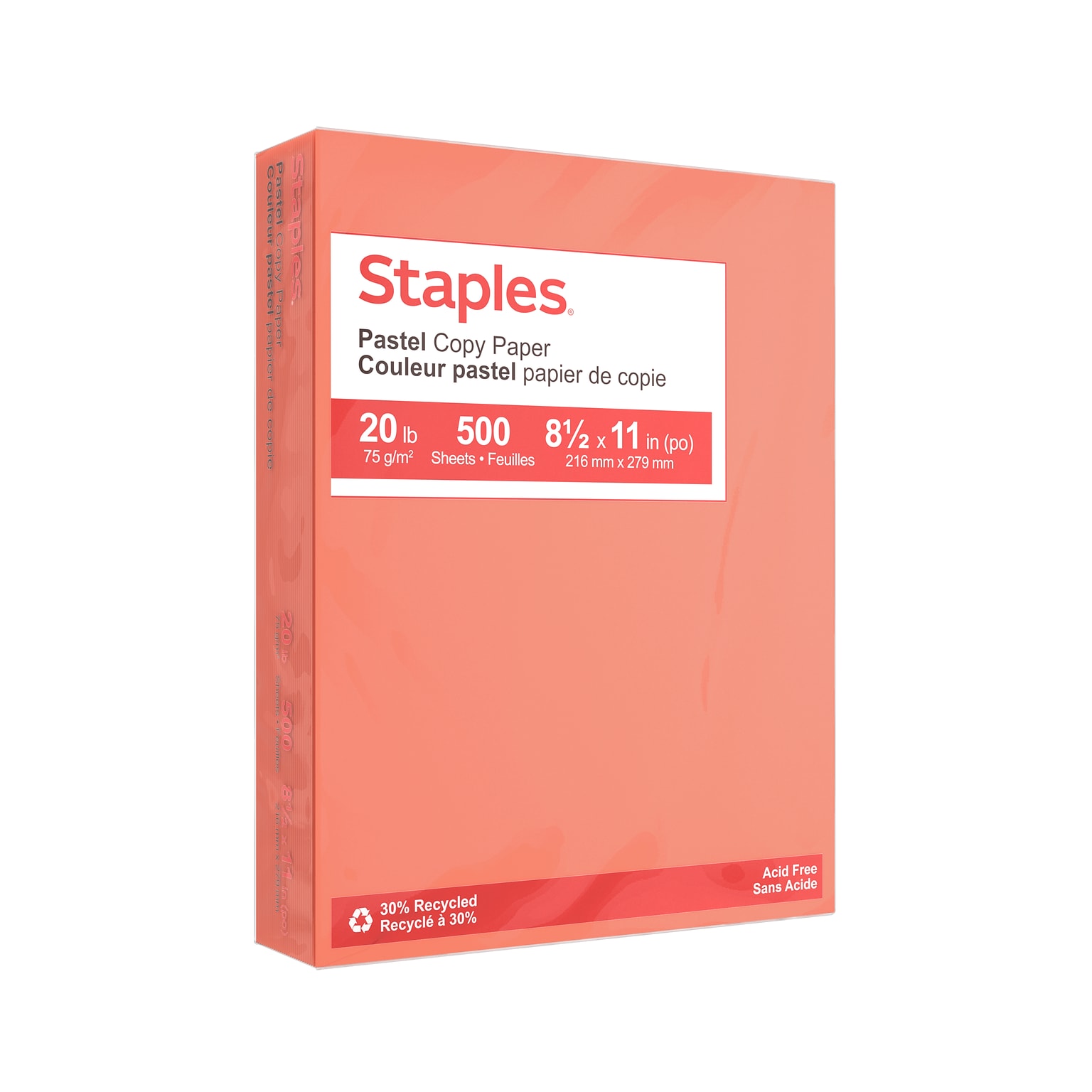 Staples Pastel 30% Recycled Color Copy Paper, 20 lbs., 8.5 x 11, Salmon, 500/Ream (14783)