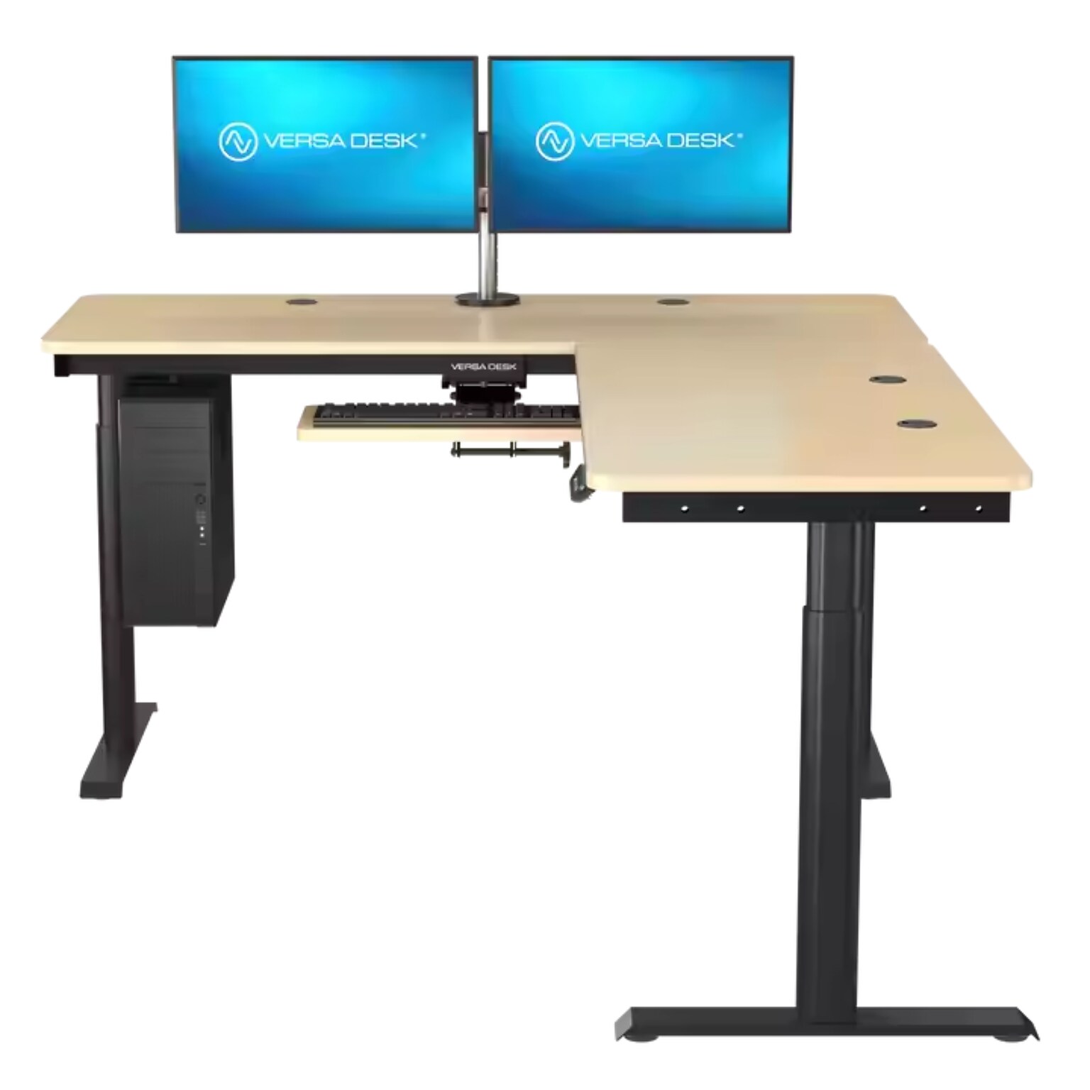 VersaDesk PowerLift 60W Electric L-Shaped Adjustable Standing Desk, Maple/Black (PLLSD6060-BM-APP)