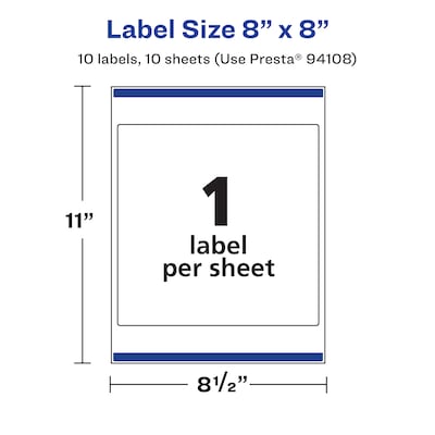 Avery Laser/Inkjet Square Waterproof Multipurpose Labels, 8"  x 8", White, 10/Pack (94108)