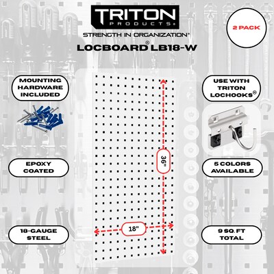 Triton Products LocBoard 18 x 36 x 9/16 Steel Square Hole Pegboards, Set of 2 (LB18-W)