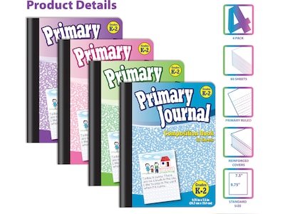 Better Office Primary Journal Composition Notebooks, 7.5" x 9.75", Primary, 80 Sheets, Assorted Colors, 4/Pack (25454-4PK)