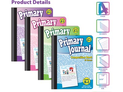 Better Office Primary Journal Composition Notebooks, 7.5" x 9.75", Primary, 80 Sheets, Assorted Colors, 4/Pack (25454-4PK)