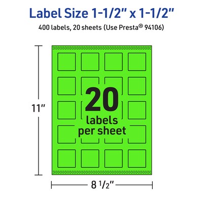 Avery Laser/Inkjet Multipurpose Square Labels, 1.5" x 1.5", Neon Green, 400/Pack (94106)
