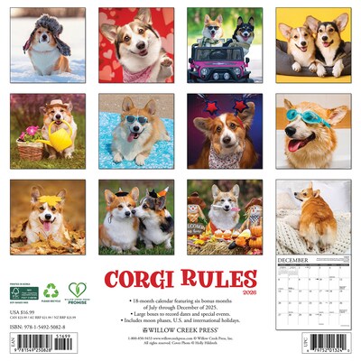 2026 Willow Creek Corgi Rules 12 x 12 Monthly Wall Calendar (50828)