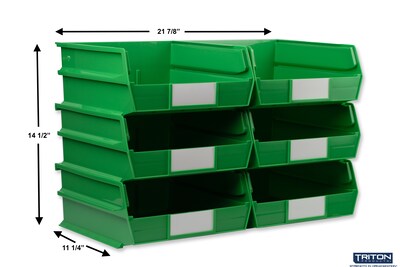 Triton Products LocBin Large Stackable Plastic Storage Bin, 5 x 11x 10.875, 10.36 Qt., Green, 6/Pack (3-235GRN)