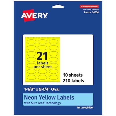 Avery Oval Laser/Inkjet Multipurpose Labels, 1-1/8 x 2-1/4, Neon Yellow (210/Pack)