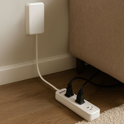 RAYOVAC 2-Outlet 2-USB Port Slim Surge Protector Power Strip with Braided Cord & Flat Plug, 3-ft., 540 Joules, White (SS-P311B)