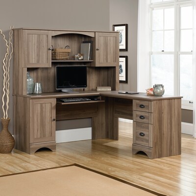 Sauder Harbor View 66"W L-Shaped Computer Desk, Salt Oak (417586)