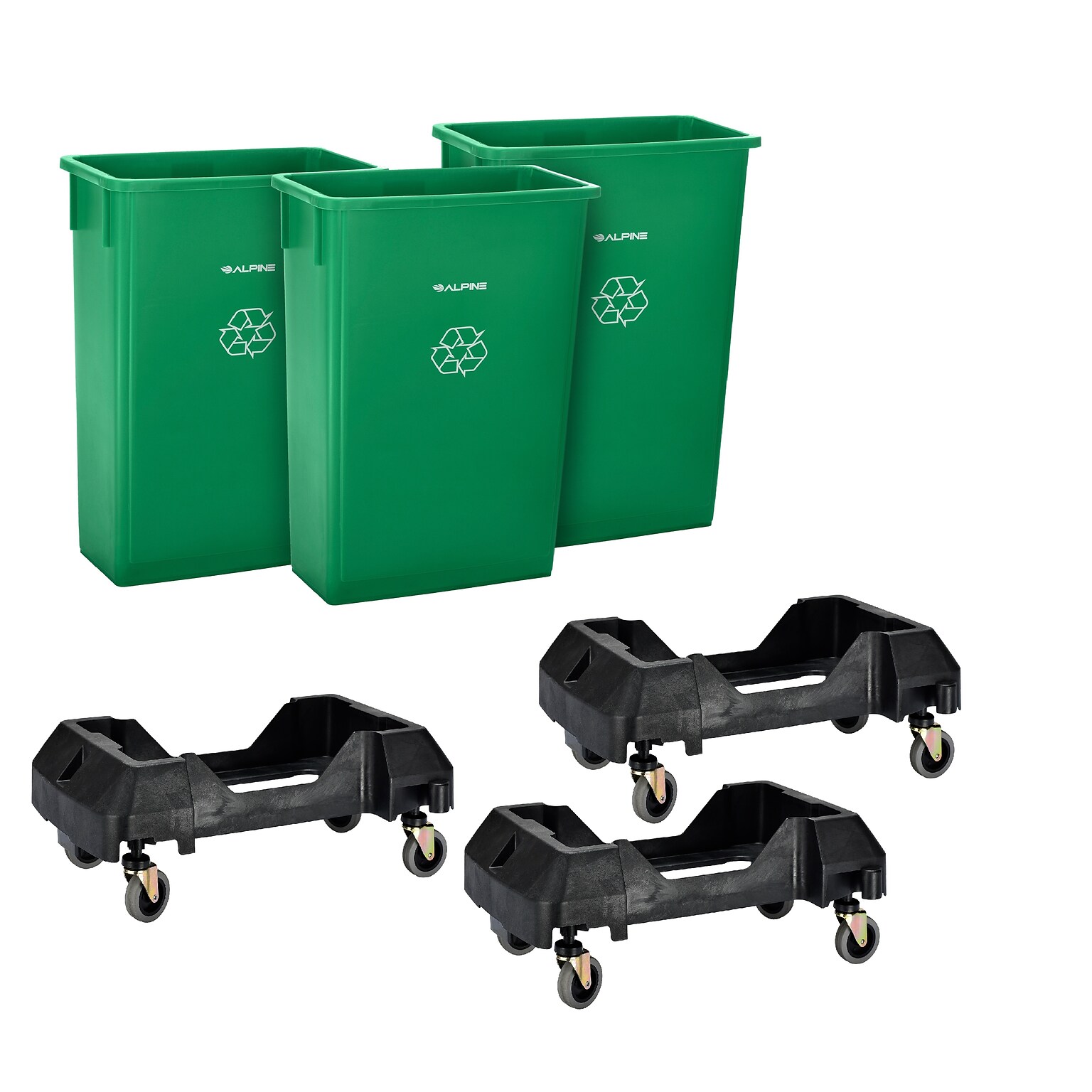 Alpine Industries Polypropylene Recycling Bin and Dolly, 23 Gallon, Green, 3/Pack (ALP477-GRN-3PKD)