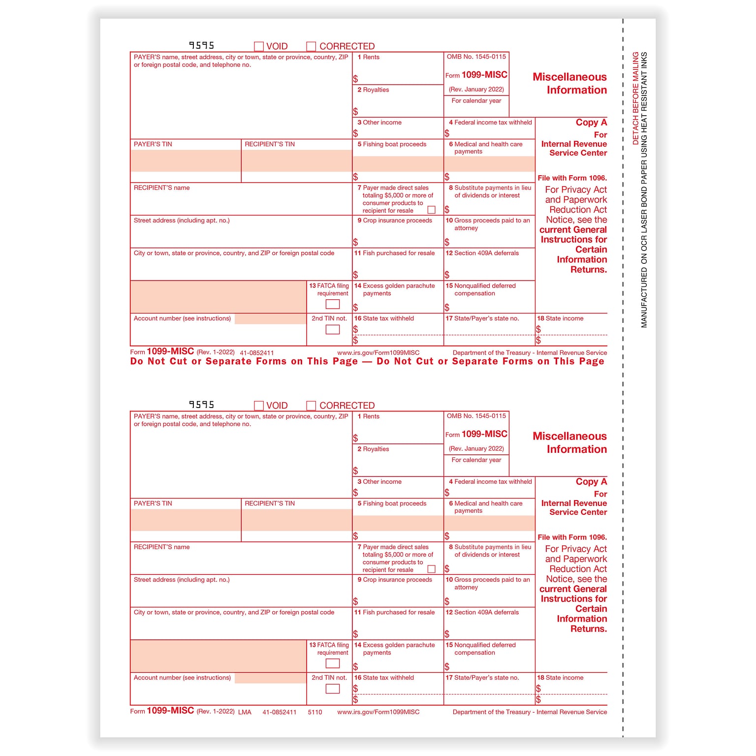 ComplyRight 2023 1099-MISC Tax Form, 1-Part, 2-Up, Federal Copy A, 50/Pack (511050)
