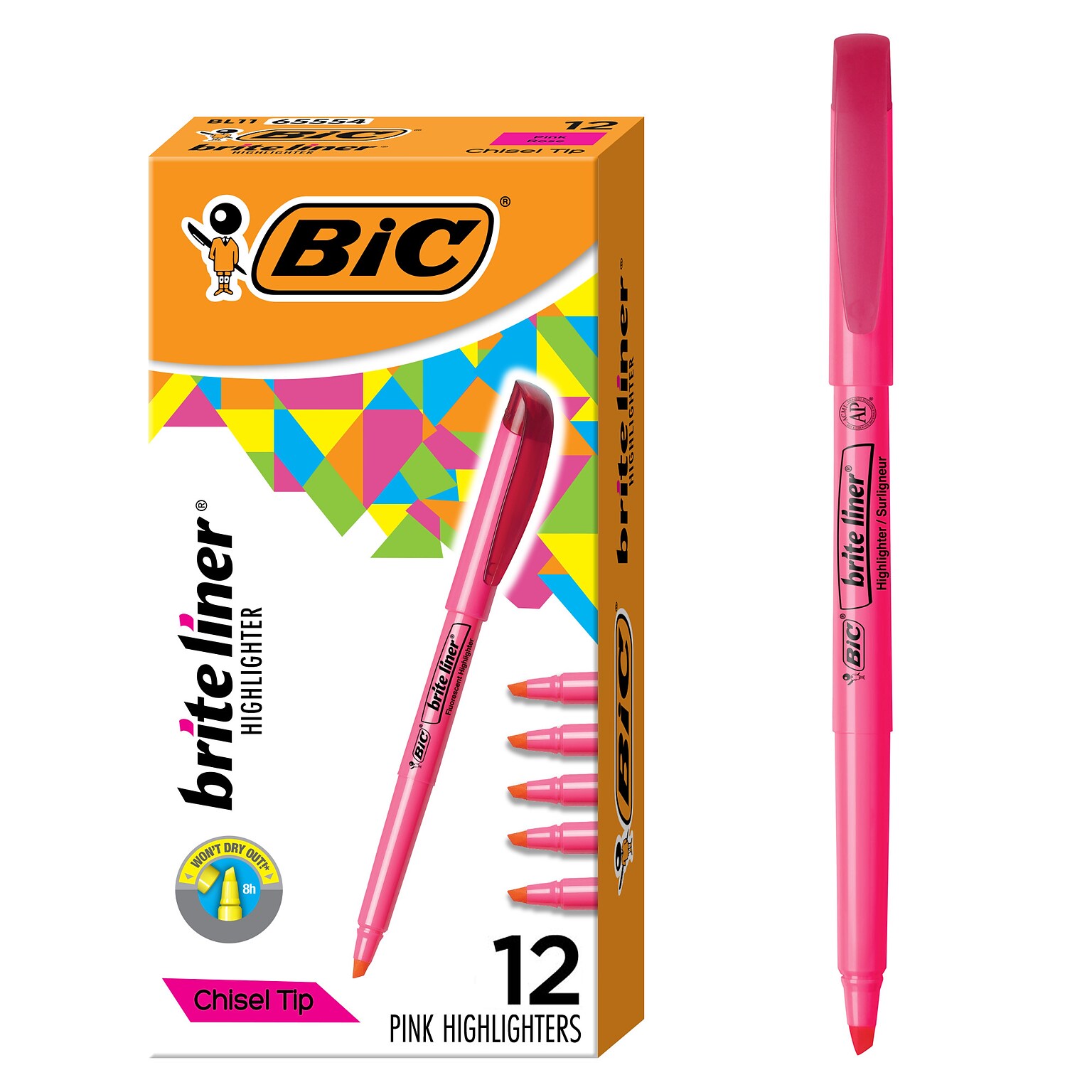 BIC Brite Liner Stick Highlighter, Chisel Tip, Pink, Dozen (65554/BL11PL)