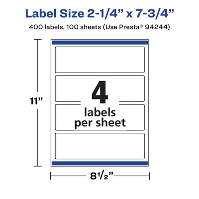 Avery Laser/Inkjet Rectangle Waterproof Multipurpose Labels, 7.75"  x 2.25", White, 400/Box (94244)