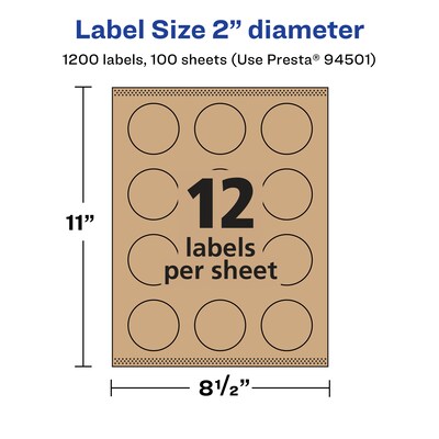 Avery Laser/Inkjet Round Multipurpose Labels, 2" Dia., Kraft Brown, 1200 Labels/Box (94501)