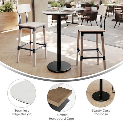 Flash Furniture Acadia 24" Round Wooden Dining Table with Round Base, White Faux Marble/Black Base (STRD24WMATR18B)