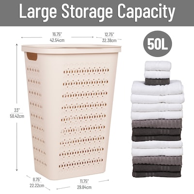 Mind Reader Slim Tapered Hamper with Lid, Plastic, Ivory (SWHAMP50-IVO)