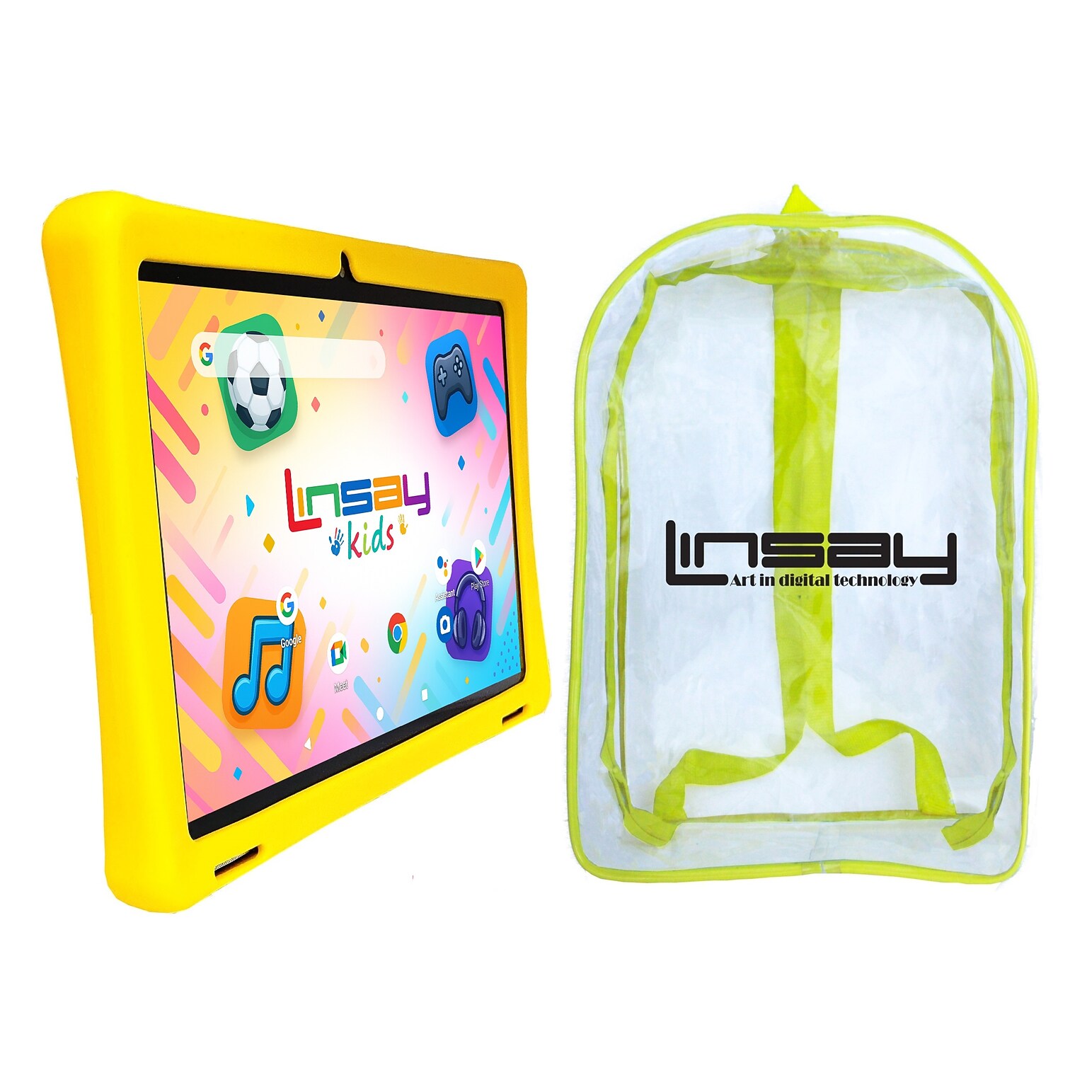 Linsay F10 Series 10.1 Tablet, Wi-Fi, Octa Core, 256GB eMMC, Android 15, with Yellow Kids Defender Case & Backpack