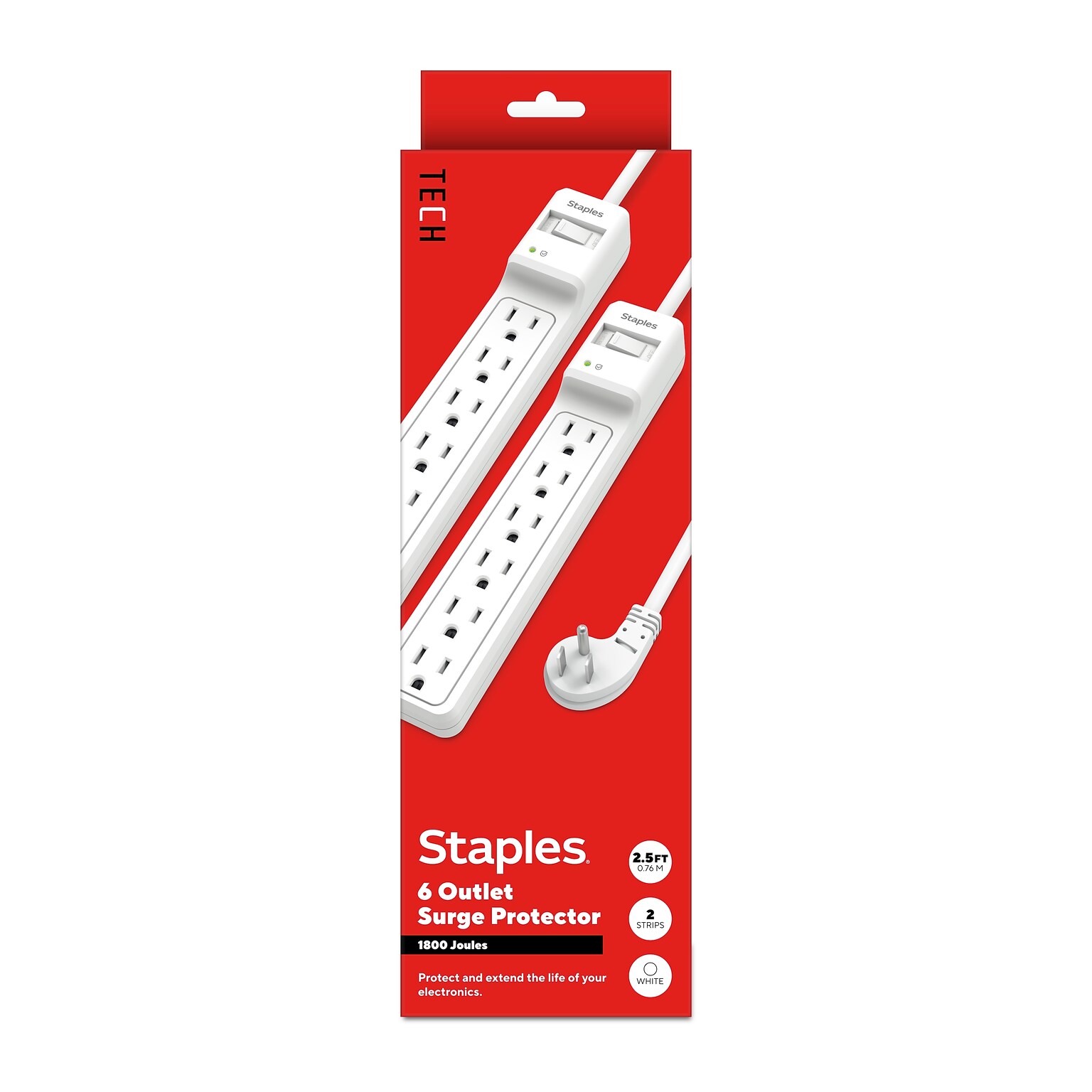 Staples TECH 6-Outlet Surge Protector, 2.5, 1800 Joules, White, 2/Pack (ST62763)
