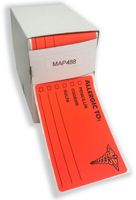 Tabbies ALLERGIC TO: Medical Labels, 2 1/2 x 4, Fluorescent Red, 100/Roll (TAB00488)