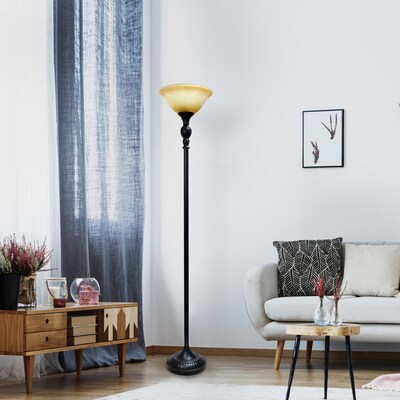 Elegant Designs 71" 1 Light Torchiere Floor Lamp with Marbelized Amber Glass Shade, Restoration Bronze (LF2001-RBZ)