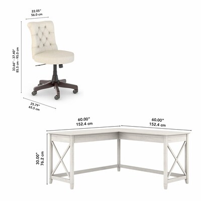Bush Furniture Key West 60" L-Shaped Desk with Mid-Back Tufted Office Chair, Linen White Oak (KWS045LW)