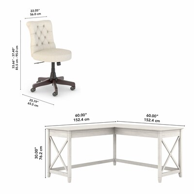 Bush Furniture Key West 60"W L Shaped Desk with Mid Back Tufted Office Chair, Linen White Oak (KWS045LW)